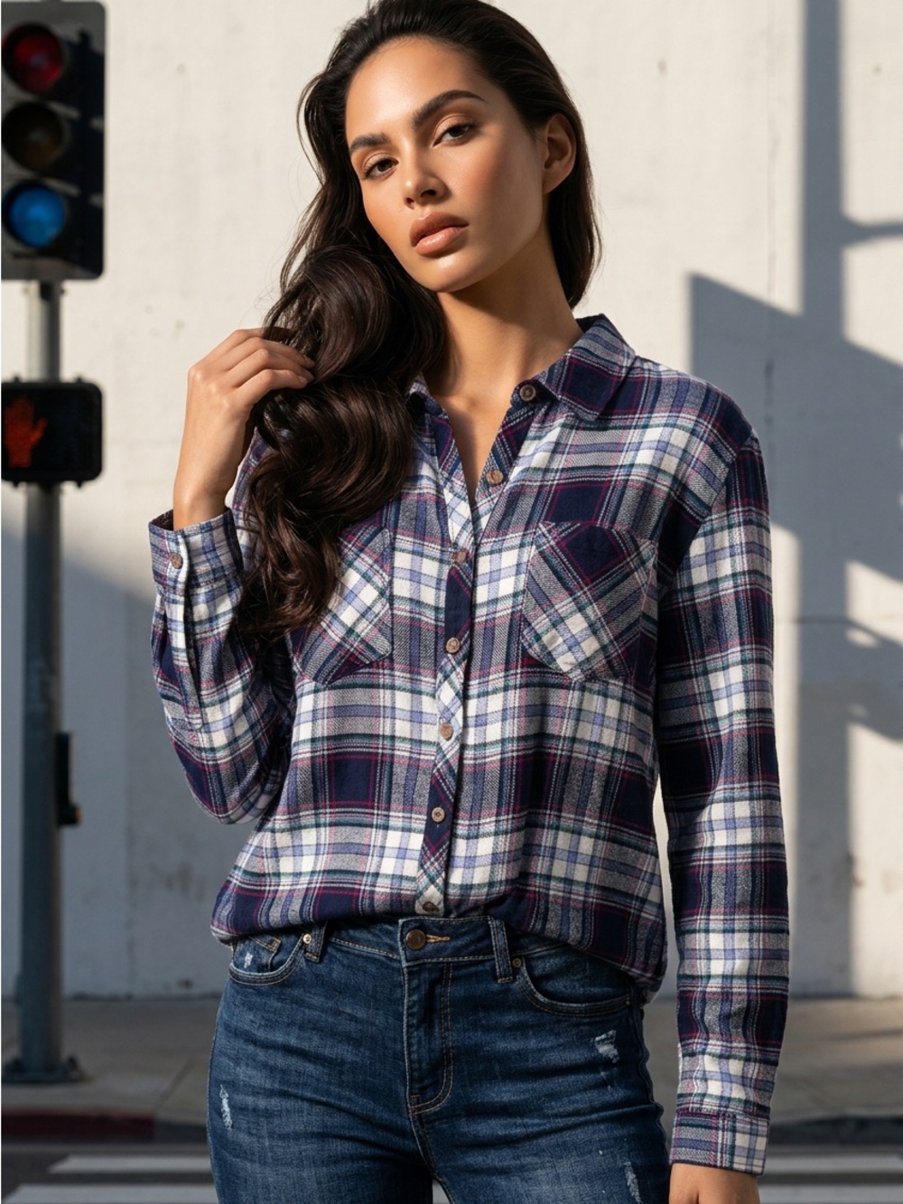 Maurices Navy & White Plaid Button-Down Shirt